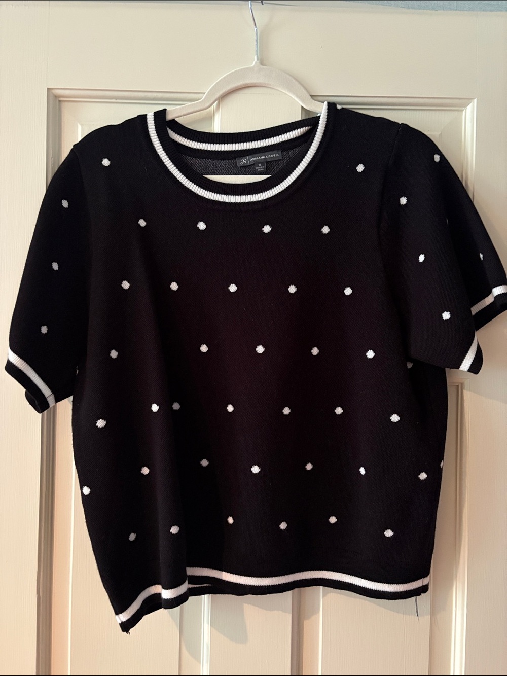 Adrianna Papell Black Short-Sleeve Polka Dot Knit Top with White Trim